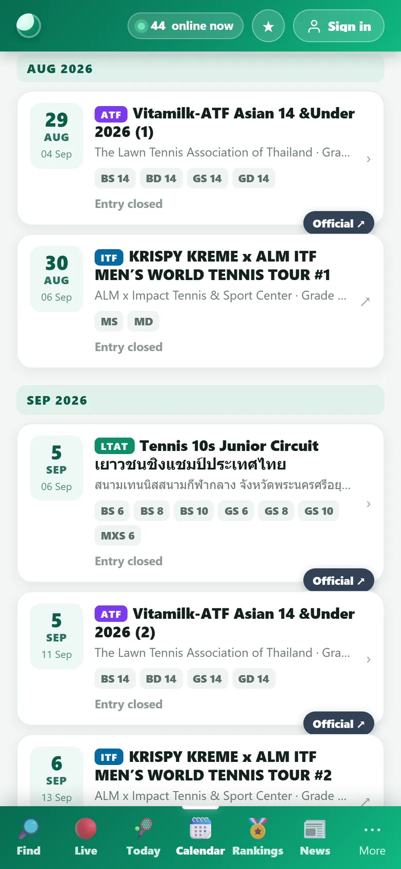 Календарь турниров LTAT, ATF и ITF по месяцам