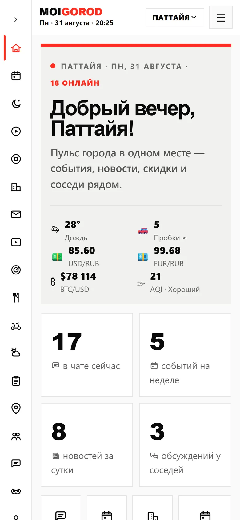 Стена города Паттайя: погода, курсы, счётчики разделов