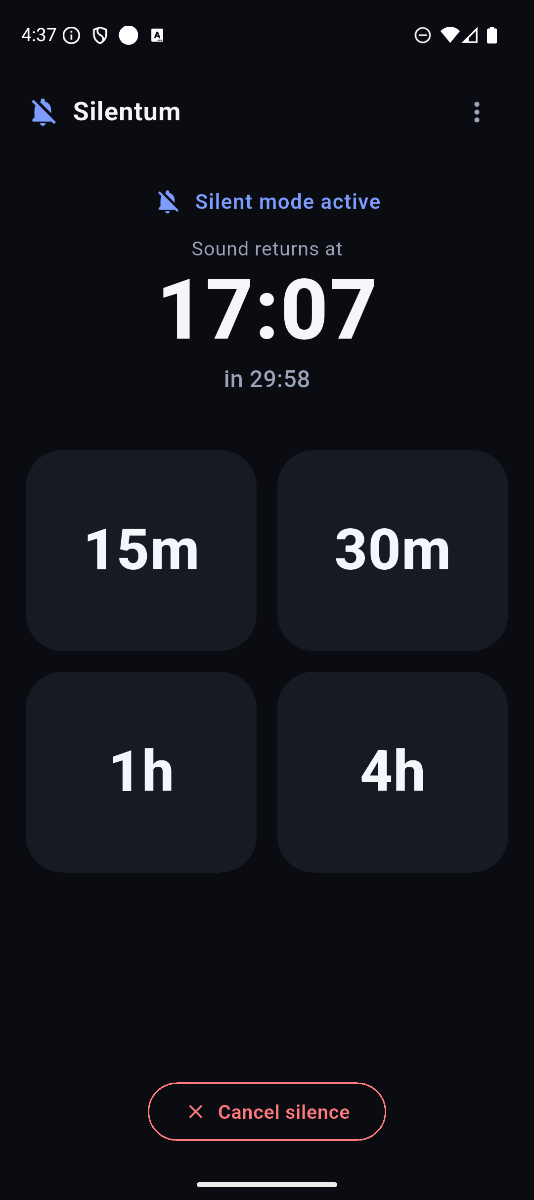 Silentum active session showing a live countdown and the time sound returns